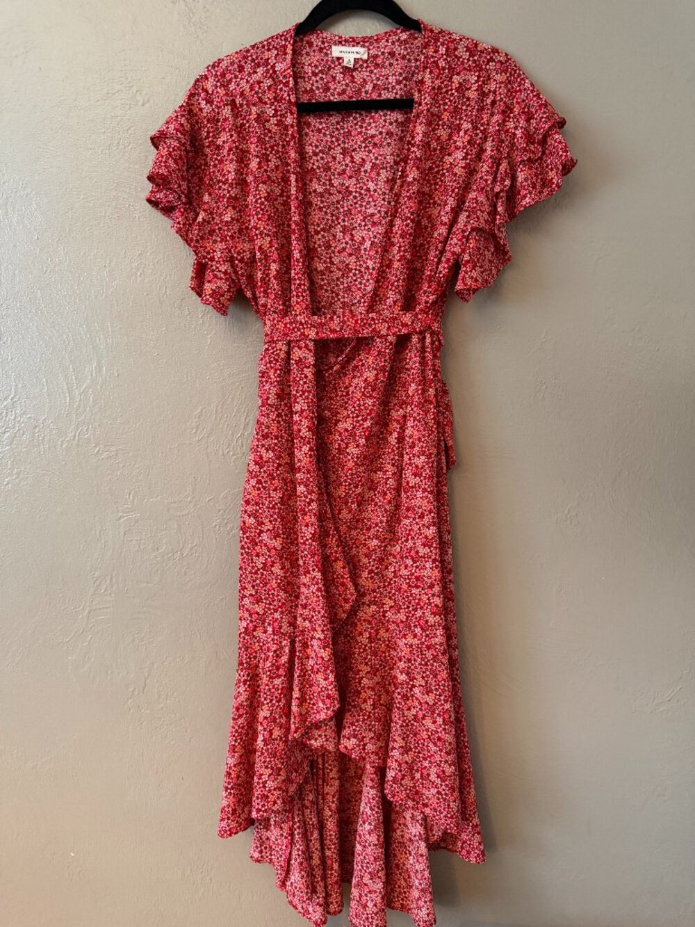 Max Studio Red Floral Ruffle Wrap Midi Dress High Low Size M